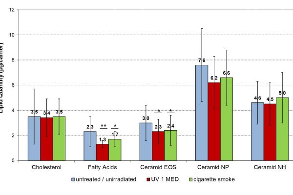 HPTLC Analyse der Lipide im mittleren SC 24h nach Schädigung durch UV-Licht oder Zigarettenrauch.